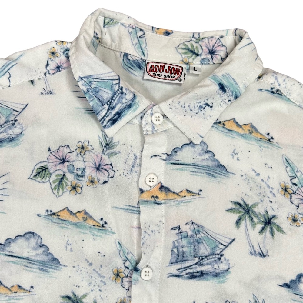 Ron Jon Surf Shop Hawaiian Button-Up Shirt VTG White Tropical Men's Large Beach